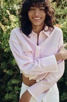 Короткая оксфордская рубашка ZARA, белый/розовый