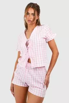 Короткая пижама в мелкую клетку с завязкой спереди boohoo, розовый