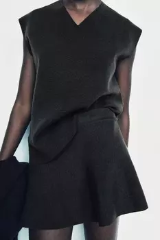 Короткая расклешенная юбка ZARA, темно-коричневый