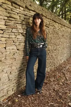 Короткая рубашка с металлическими нитью в клетку ZARA, зеленый/белый