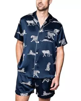 Короткая шелковая пижама с принтом Panthre de Nuit Petite Plume, синий