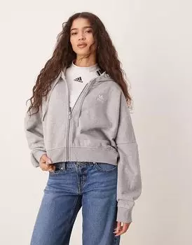 Короткая толстовка с капюшоном Adidas Originals Essentials из французского трикотажа с молнией в средне-сером меланжевом цвете