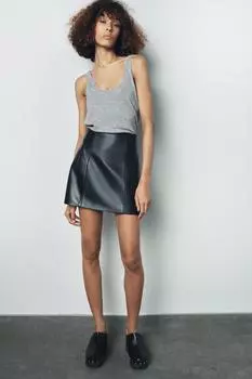 Короткая юбка из 100% кожи ZARA, черный