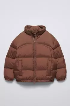 Короткая водоотталкивающая пуховая куртка ZARA, светло-коричневый