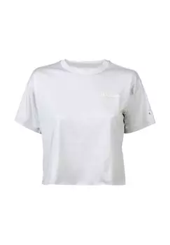 Короткая женская футболка, логотип, круглый вырез, короткие рукава, натуральный хлопок Champion, серый