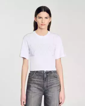 Короткая женская футболка со стразами Sandro, белый