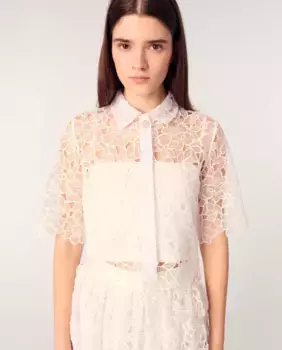 Короткая женская рубашка из цветочного гипюра Maje, белый