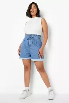 Короткие джинсовые шорты plus paperbag tie Boohoo, синий