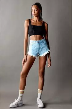 Короткие джинсовые шорты с потертыми штанинами Own, синий