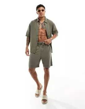Короткие льняные комбинезоны цвета хаки Bershka