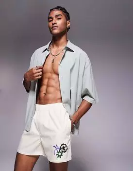 Короткие шорты для плавания ASOS DESIGN с вышивкой нейтрального цвета