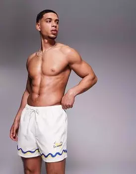 Короткие шорты для плавания ASOS DESIGN с принтом по краям в каменном цвете