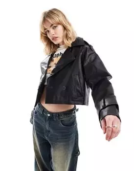 Короткий черный тренч из искусственной кожи ASOS DESIGN