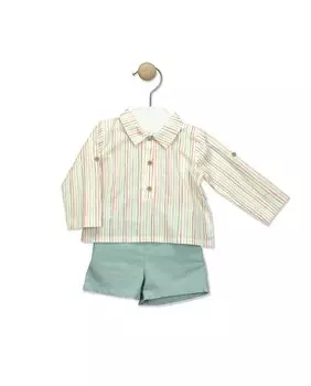 Короткий детский комплект с рубашкой-поло в полоску BABID, зеленый