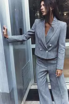 Короткий двубортный пиджак из твила ZARA, синий/белый
