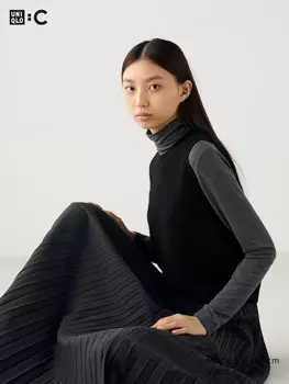 Короткий джемпер с круглым вырезом из кашемира без рукавов Uniqlo, черный