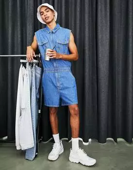Короткий джинсовый комбинезон без рукавов синего цвета ASOS DESIGN