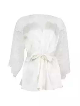 Короткий халат из шелка и кружева Fleur Du Mal, слоновая кость