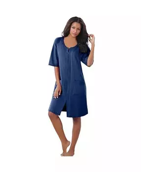 Короткий халат размера плюс из френч терри на молнии спереди Dreams & Co., синий