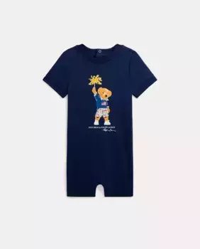 Короткий хлопковый комбинезон для мальчика с мишкой-поло Polo Ralph Lauren, темно-синий