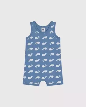 Короткий хлопковый комбинезон с принтом Baby Whale Petit Bateau, белый