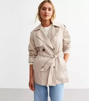 Короткий хлопковый тренч с поясом и каменным поясом New Look, светло-серый