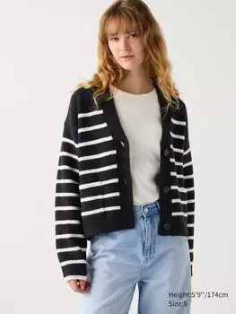 Короткий кардиган из пряжи-суфле с v-образным вырезом в полоску Uniqlo, серый