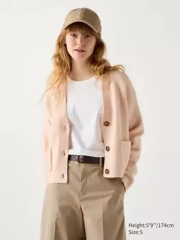 Короткий кардиган из пряжи-суфле с v-образным вырезом Uniqlo, розовый