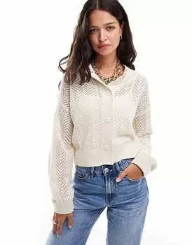 Короткий кардиган с круглым вырезом ASOS DESIGN вязки елочкой цвета экрю