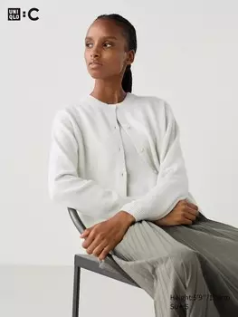 Короткий кардиган с круглым вырезом из кашемира Uniqlo, бежевый