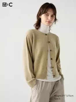 Короткий кардиган с круглым вырезом из кашемира Uniqlo, бежевый