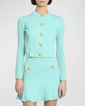 Короткий кардиган в рубчик с пуговицами на пуговицах Balmain, цвет Mint