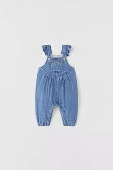 Короткий комбинезон из денима с вышивкой ZARA, средне-синий