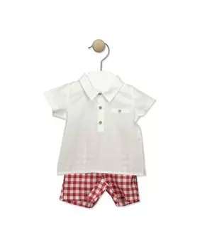 Короткий комплект для мальчика с рубашкой в мелкую клетку с v-образным вырезом BABID, красный