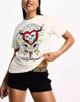 Короткий комплект для сна Ed Hardy ally с мотивом черепа белого и черного цветов