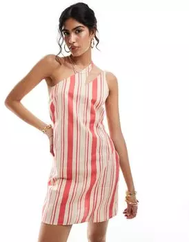 Короткий льняной сарафан на одно плечо ASOS DESIGN с вырезом на плече