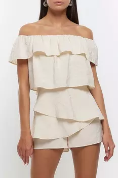 Короткий многослойный комбинезон с вырезом бардо River Island, бежевый