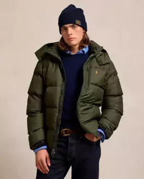 Короткий мужской пуховик с капюшоном Polo Ralph Lauren, цвет Verde Pardo