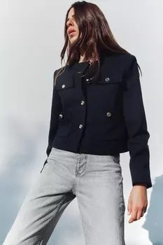 Короткий пиджак с золотыми пуговиками ZARA, темно-синий