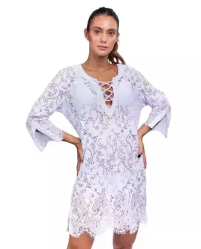 Короткий пляжный кафтан с ажурной отделкой Despi, белый