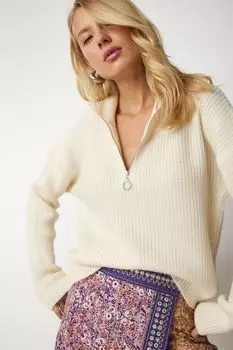 Короткий пуловер на молнии с заниженными рукавами Happiness Istanbul, бежевый