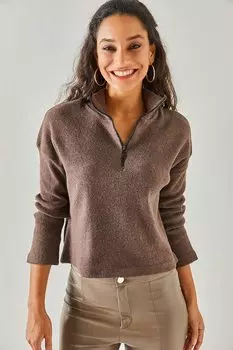 Короткий пуловер с короткой молнией Olalook, коричневый
