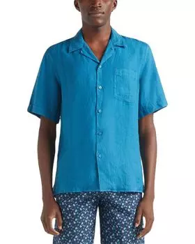 Короткий рукав, однотонная льняная рубашка Vilebrequin, синий