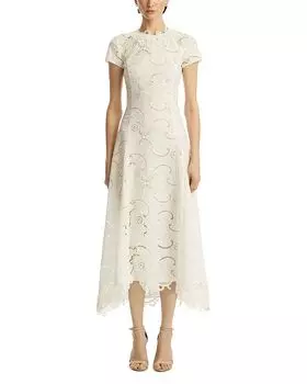 Короткий рукав, платье дневное с гипюром Scroll Oscar de la Renta, белый