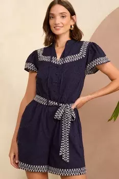 Короткий рукав V образный вырез вышитый комбинезон Добби Love & Roses, синий