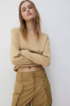 Короткий свитер тонкой вязки H&M, бежевый