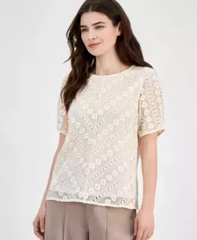Короткий топ с кружевом Petite Lace Short-Sleeve Top Anne Klein, коричневый/бежевый