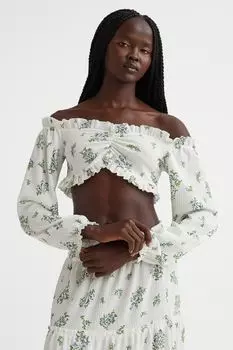 Короткий топ с открытыми плечами H&amp;M, белый/маленькие цветы