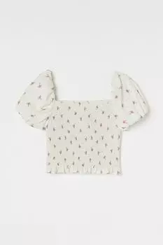 Короткий топ с пышными рукавами H&amp;M, кремовый/цветы