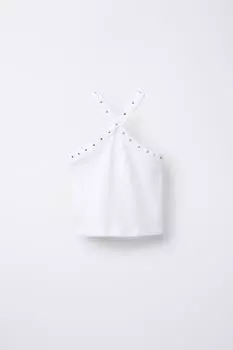 Короткий топ в рубчик с заклепками ZARA, белый
